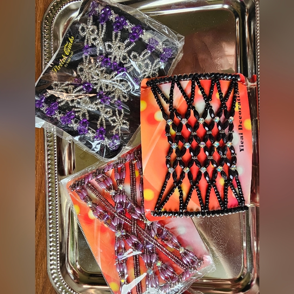 New Beaded Comb Hair Accessories - 3 Sets - Purple & Black - Picture 2 of 8